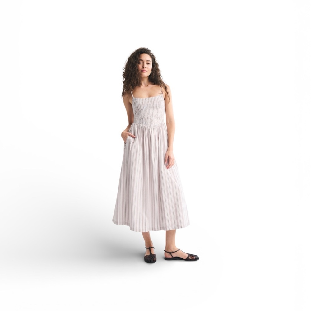 USED Abercrombie Smocked Midi Dress in Soft Beige Stripe